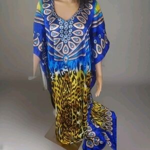 Winlar Royal Blue Peacock Animal Print Kaftan One Size